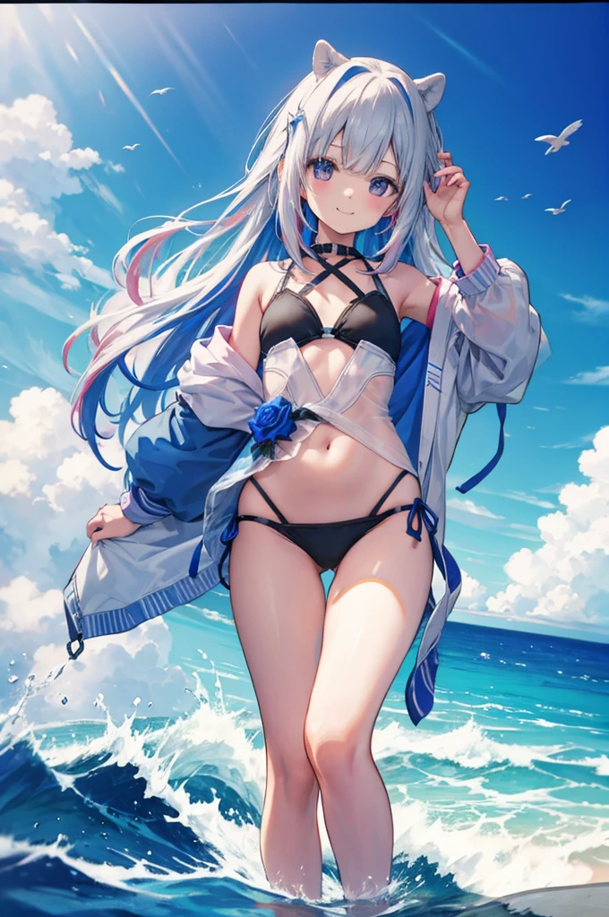 Swimwear、Concept Art、masterpiece、smile、whole body、high resolution、Playing in the sea