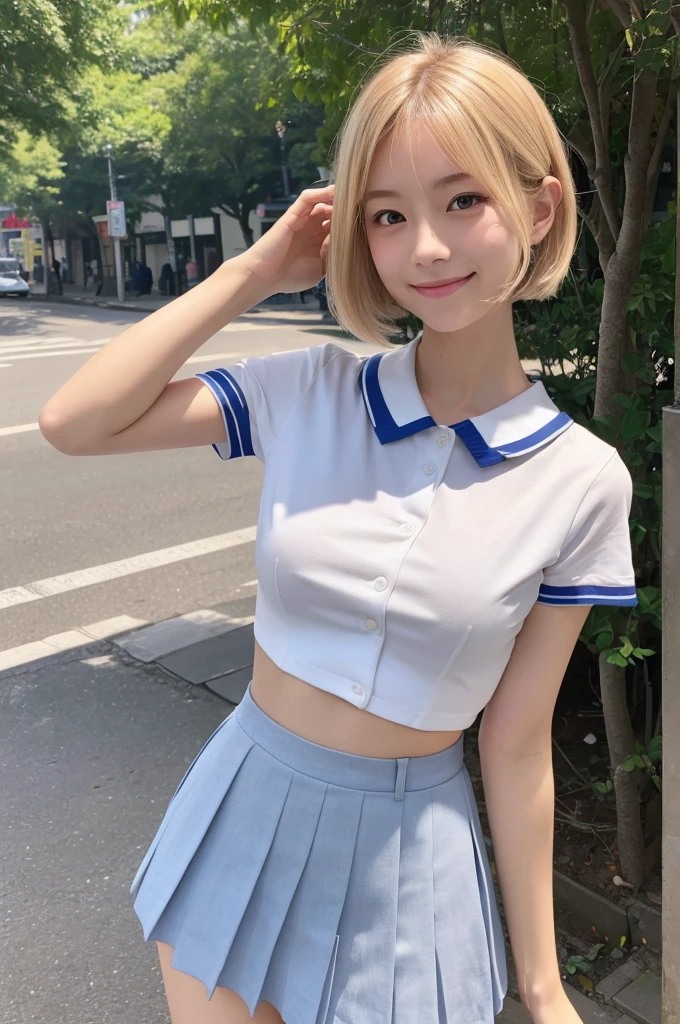 (8K, RAW Photos, Highest quality, masterpiece:1.2), Super detailed, Ultra-high resolution, (Realistic, Photorealistic:1.37), High-definition RAW color photos, Professional photos, Very delicate and beautiful, Very detailed, 8K壁紙, (Beautiful and detailed eyes)、(Beautifully detailed face),Anatomically correct body shape, Natural light,low angle,from below, woman、Japanese、20-year-old, Blonde、Short Bob、 (A shy smile:1.3), Fine and beautiful skin、Skin Texture、 (Slim waist:1.2)、(E cup bust,show armpit:1.21), (school uniform, short sleeve shirt:1.25),Standing,Sharp focus、The background is the real Shibuya city
