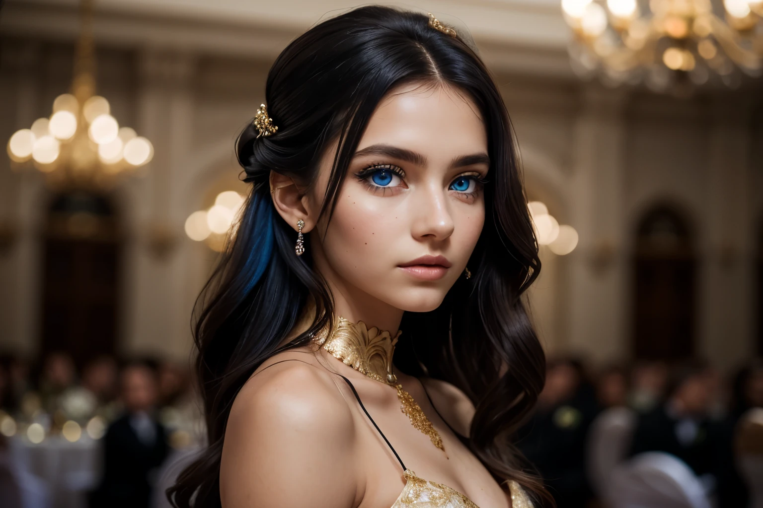 35mm film, updo, makeup, ((blue eyes)), , ((wedding dress)) jewelry, gold, looking at viewer, epiCPhoto, focus on face, close to viewer, intricate lines, ballroom, sharp magnificent details, delicate features, elaborate details, black hair, (((long hair))) , beautiful girl, black hair, eighteen years old woman, ((upper body)) (Acne), ((natural lighting))