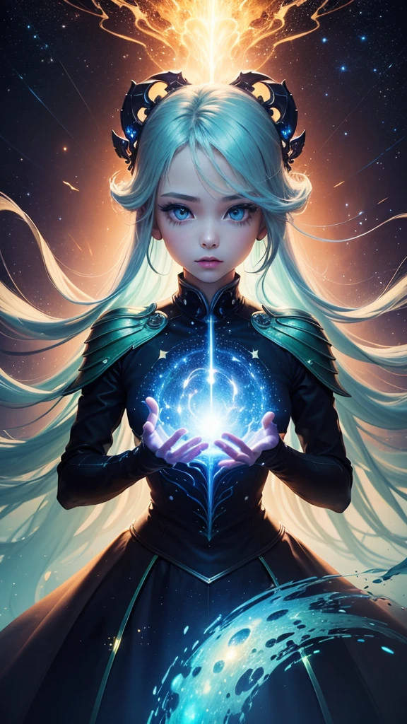 (masterpiece、Highest quality、beautiful:1.2)、(beautifulデジタルアート:1.2)、1 Girl、 (Sapphire blue round eyes、Long eyelashes)、Fair face、A strong gaze gazes upon the galaxy、Transparent, shiny skin、Fair Hand、Agnes Cecil Style、Mysterious and enchanting atmosphere、Best Abstract Art、Surreal、A chaos of overlapping bright and transparent holographic colors of blue and green light.、Glowing particles scattering、(Thick and unstable strokes:1.2)、Spectacular galactic background