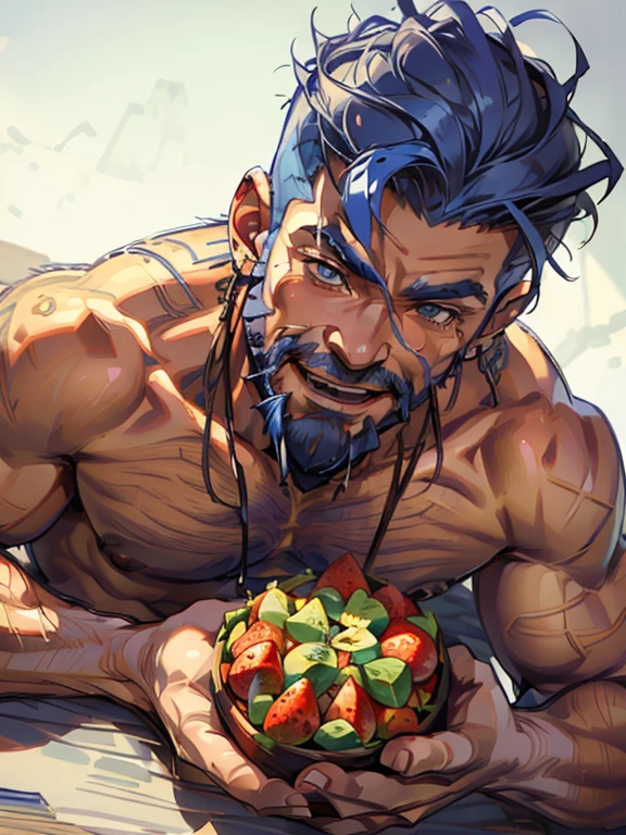  lying down, fruits background (Best Quality, 4k, 8k, high resolution, Masterpiece: 1.2), ultra detailed, Male portrait, medium closeup, very detailed face, detailed facial features, muscular build, spectacular lighting, close-up, from above, anatomically correct, super detail, full blue beard and short blue hair, smile, winking an eye, hairy chest.