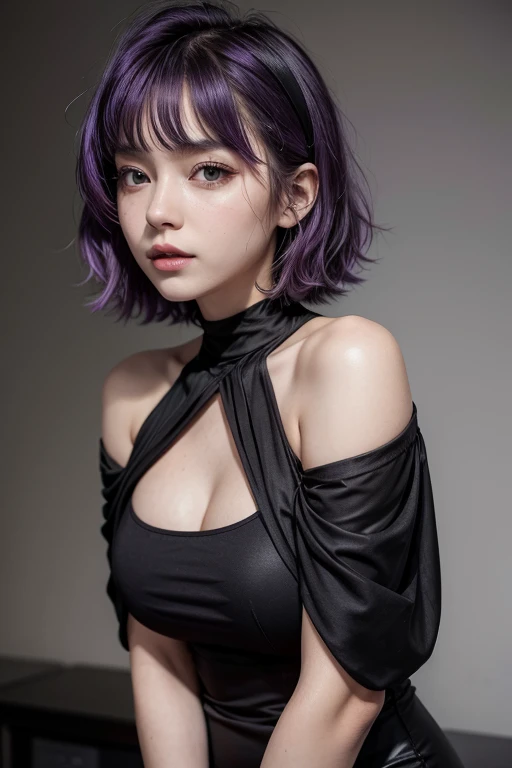 ((Realistic lighting, Best Quality, 8K, masutepiece: 1.3)), Clear focus: 1.2,Woman with purple hair and chalk necklace, short purple hair, violet hair, Lilac hair, purpleish color, chin-length purple hair, Purple hue, Purple hair, lavender hair, Lilac, purpleish color, with short hair with bangs, Flowing purple hair, Purple - coloring, Dark purple hair, deep purple hair, long wavy purple hair, purple shiny bob haircut