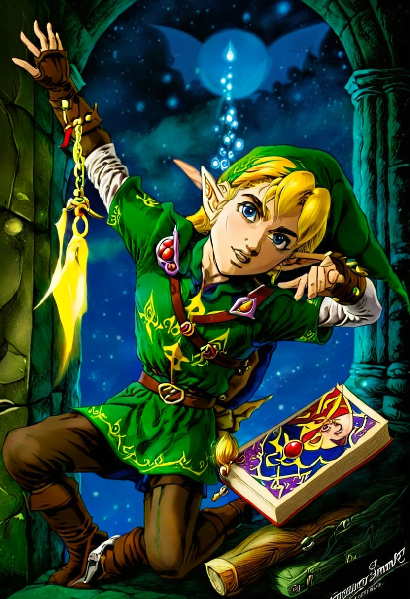 Elf Boy、A beautifully detailed rendering of Link from The Legend of Zelda: Ocarina of Time、Dynamic pose、Digital Art、Dramatic lighting、Intricate details、elegant、vintage comic book、