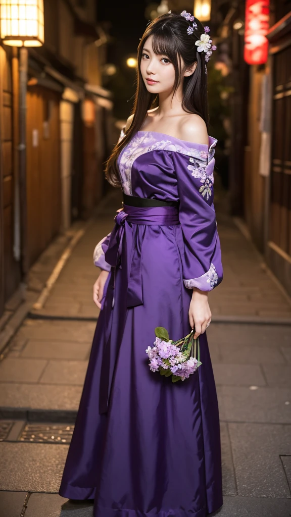 Full body, Anime girl in a purple and black dress with a purple sakura flower in her hair, artwork in the style of Gweitz, Gweitz, japanese Girl, Trending on cgstation, Cute anime in a nice dress, Gweitz on pixiv artstation, palace , Girl in Hanfu, Beautiful digital art, Gweitz on artstation pixiv, very very long brown hair rapunzel, walking