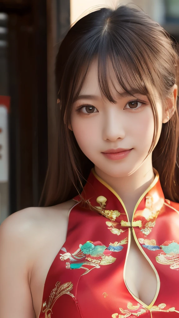 (Realistic: 1.4), (Highest quality: 1.4), Ultra-high resolution, (fine grain),((Fighting Pose)),One Young Woman,Big Breasts,((Wearing a Chinese dress)),smile,Sunburn mark,Big eyes,Blushed,Highly detailed face and skin texture, Healthy Skin,(Chinatown),8K resolution