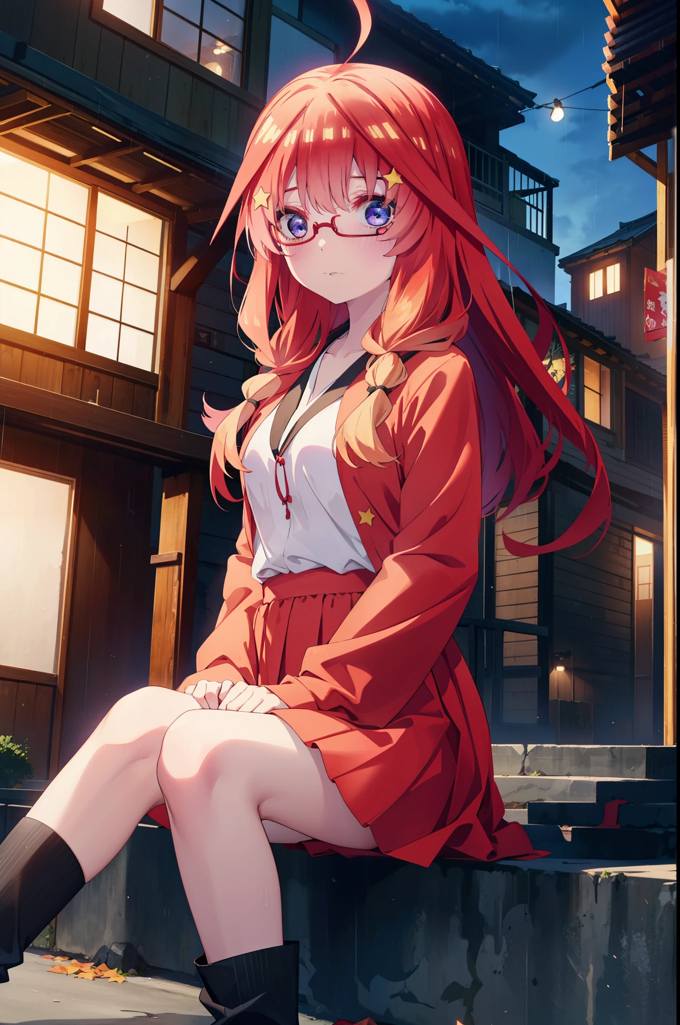 itsukinakano, itsuki nakano, bangs, blue eyes, Hair between the eyes, Ahoge, Redhead, star \(symbol\), hair ornaments, star hair ornaments,Long braids,Baseball hats,Red-rimmed glasses,Oversized red hoodie and long skirt,Black pantyhose,short boots,Hiding in a roofed building,Sitting on the steps of a roofed building,rain,night,whole bodyがイラストに入るように,
break outdoors, Alley,
break looking at viewer, whole body,
break (masterpiece:1.2), Highest quality, High resolution, unity 8k wallpaper, (figure:0.8), (Beautiful attention to detail:1.6), Highly detailed face, Perfect lighting, Highly detailed CG, (Perfect hands, Perfect Anatomy),