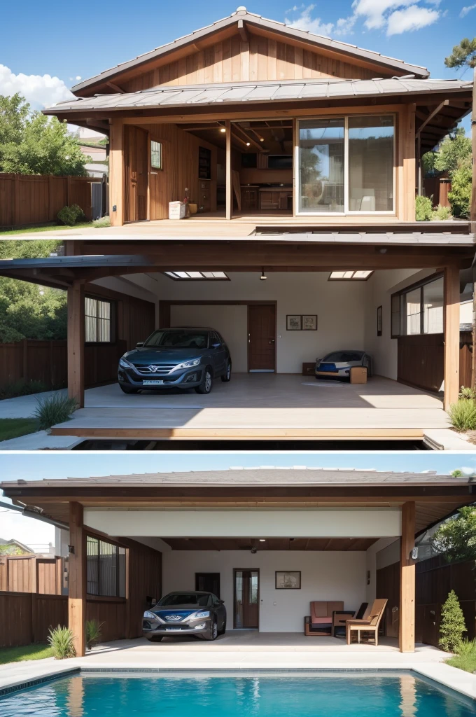 Create a half-lot house with a pool in front and a Hyundai Tucson in the garage