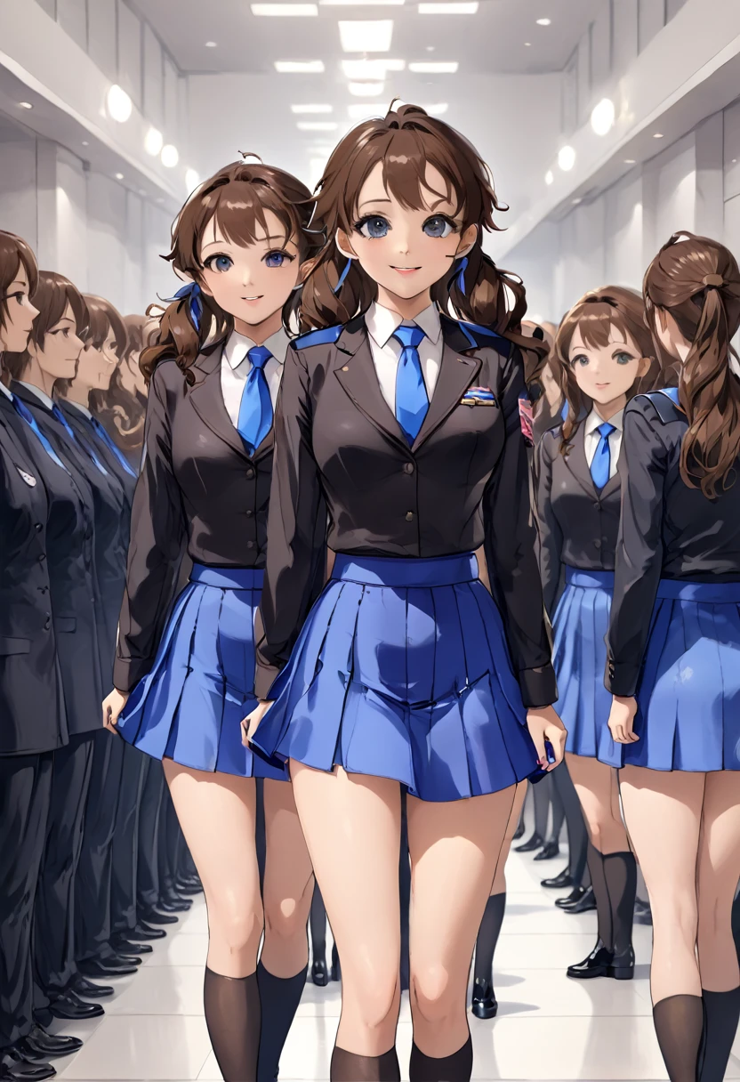 masterpiece, Highest quality, High resolution, 10+girl, crowd, Identical twin sisters, clone, An orderly line of sisters, An orderly line of sisters, Sisters in a row, uniform, Matching outfits, Long Hair, Curly Hair, ponytail, Matching hairstyle, Hazel Eyes, Brown Hair, Black tie, Blue Ribbon, Brown Skirt, salute, smile, indoor, Group shot, whole body, Panty shot, Black high heels