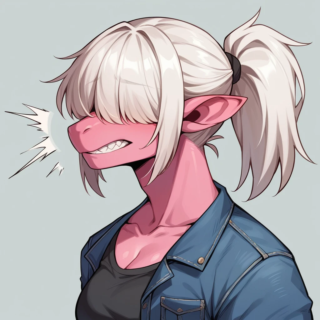 a furry reptilian woman, smooth pink skin, long white hair in a ponytail, dark pink skin, reptilian snout, slightly, extremely large breasts. Not Eyes, hair over eyes, multicolor raibow hair, Evil serious face, Lizard snout, unicorn horn, light pink skin