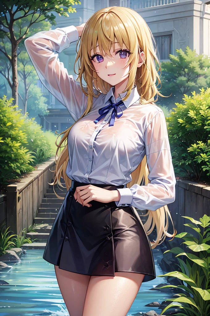 (garden),rain,Wet body, Sexy wet girl,濡れたRound face,so beautiful. Wet medium breasts,(The wet pure white shirt is visible through), wet skin wet hair,She is wearing a lace bra under her shirt,mini skirt,close,(Wet Blonde,),Round face,A charming girl with a natural smile and a charming expression,Clear Skin,(8K quality,Tabletop,Highest quality,Ultra-high resolution output images,),(Highly detailed raw photos:1.3),(Picture Mode Ultra HD),