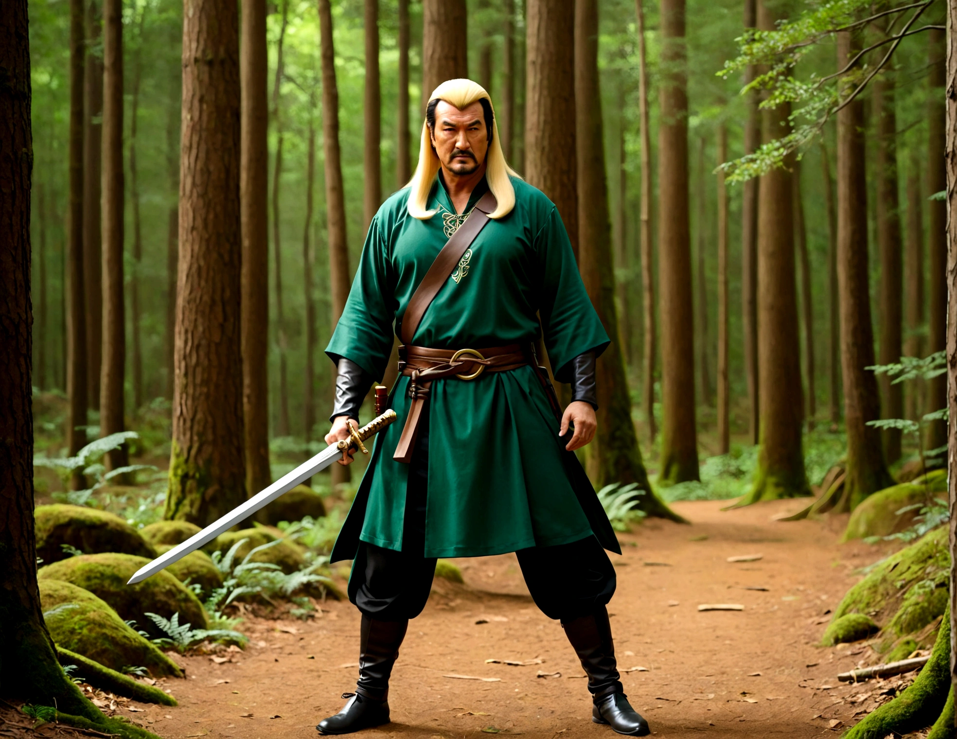 Steven Seagal (current, modern) in the role of Link (Link costume, blonde wig over black hair, wooden sword at side), akido pose, forest