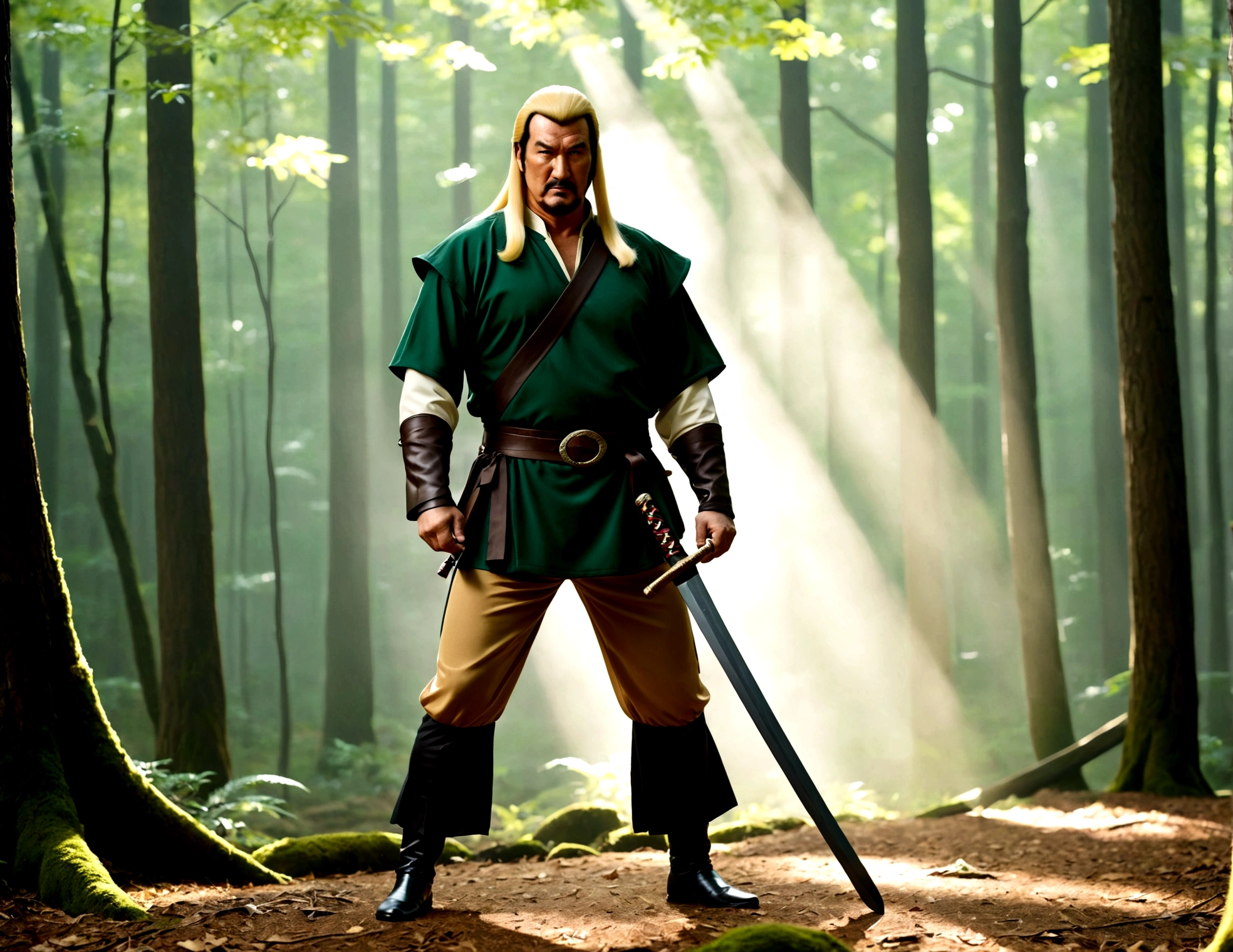 Steven Seagal (current, modern) in the role of Link (Link costume, blonde wig over black hair, wooden sword at side), akido pose, forest