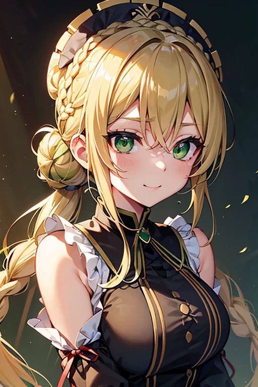 Fugonero, black, Ahoge, Blonde, (Green Eyes: 1.5), Hair between the eyes, Hair Intake, smile, smile, Take a break、(((Braided bun)))、button、disconnected、Cut-out neckline 、Clothing cutouts、dress、epaulet、(((French Braid)))、Gold border、Hair Bun、Juliet Sleeve、Long sleeve、Puff sleeves、Red lace、赤いdress、Side Lock、(Single hair bun)、Break Watch the viewer, pink々 (Tabletop:1.2), Highest quality, Highest Resolution, unity 8k wallpaper, (figure:0.8), (Beautiful eye details:1.6), More detailed faces, Perfect lighting, Very CG-like detail , (Perfect hands, Perfect ???????),Western Castle、big naughty、big, Ample breasts、