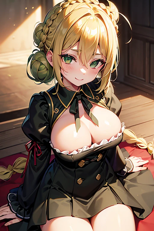 Fugonero, black, Ahoge, Blonde, (Green Eyes: 1.5), Hair between the eyes, Hair Intake, smile, smile, Take a break、(((Braided bun)))、button、disconnected、Cut-out neckline 、Clothing cutouts、dress、epaulet、(((French Braid)))、Gold border、Hair Bun、Juliet Sleeve、Long sleeve、Puff sleeves、Red lace、赤いdress、Side Lock、(Single hair bun)、Break Watch the viewer, pink々 (Tabletop:1.2), Highest quality, Highest Resolution, unity 8k wallpaper, (figure:0.8), (Beautiful eye details:1.6), More detailed faces, Perfect lighting, Very CG-like detail , (Perfect hands, Perfect Anatomy),Western Castle、big naughty、big, Ample breasts、