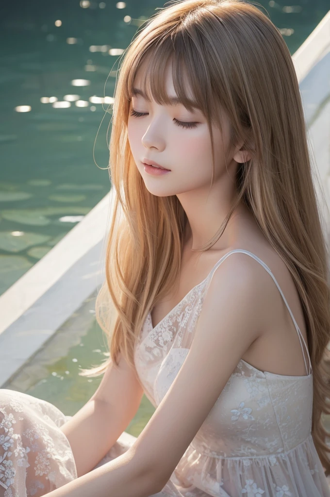 A beautiful Japanese girl is depicted in a vertical, ultra-realistic illustration. She has short, light-colored hair that frames her delicate face, with her eyes closed in a serene expression. She wears a thin, translucent dress with a subtle floral pattern, the fabric gently clinging to her form. The soft lighting highlights her smooth skin and the delicate textures of the dress, creating a dreamy, ethereal atmosphere.
The background is minimalistic and light, emphasizing the girl's calm and peaceful demeanor. The artist employs digital painting techniques to achieve high detail and realism, particularly in the rendering of her hair, skin, and the semi-transparent fabric of the dress. The use of soft gradients and subtle shadows enhances the sense of depth and realism, making the image both captivating and serene.