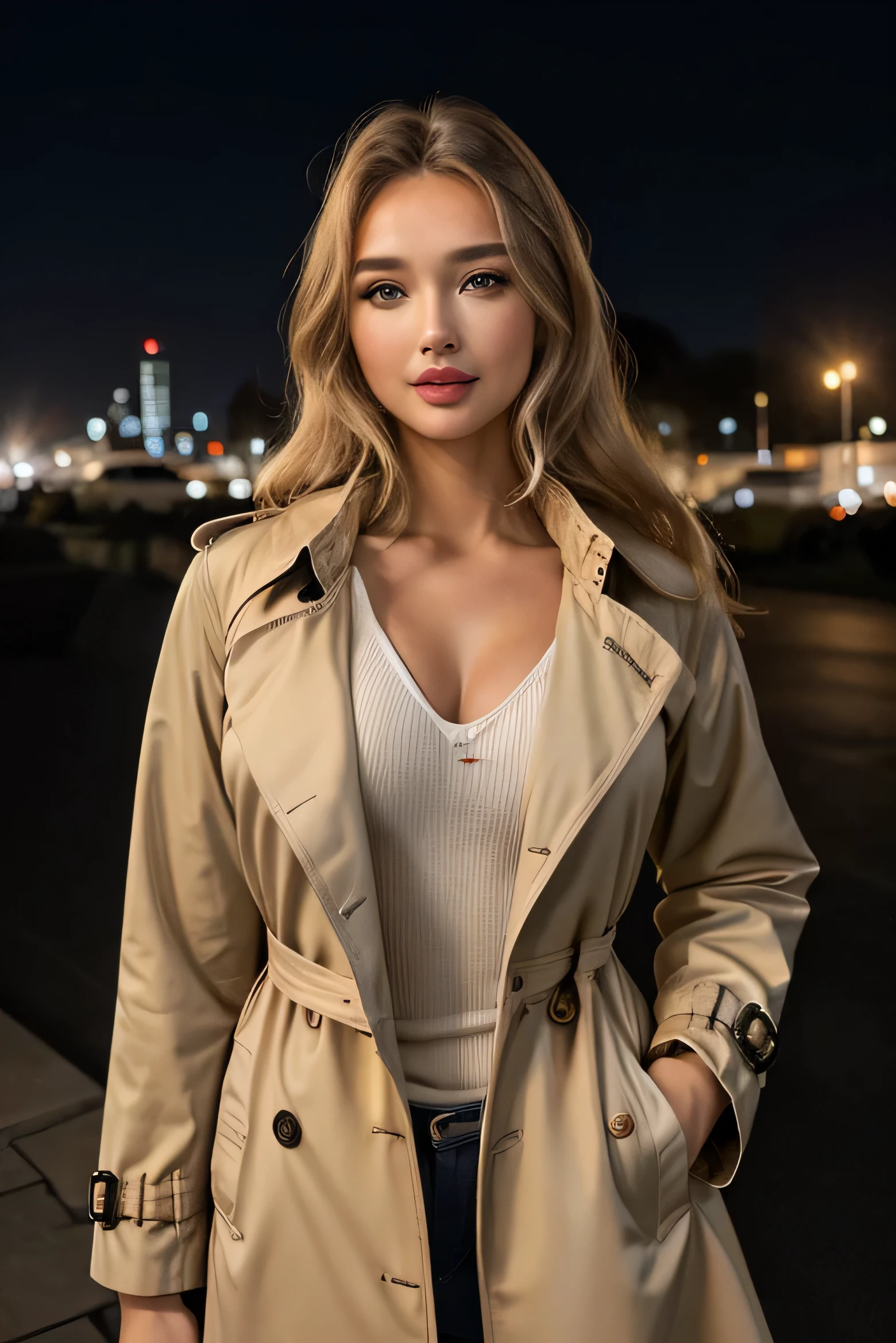 cinematic photo,looking at viewer, head tilt, realistic,  35mm photograph, film, bokeh, professional, 4k, highly detailed, a 23 year old gorgeous woman , slight smile , detailed skin face and eyes , perfect eyes proportion, brown eyes, natural lighting, long hair, film grain, low contrast, natural face , freckle, dark circles under eyes, perfect body, european background, outdoors, city night, trench coat