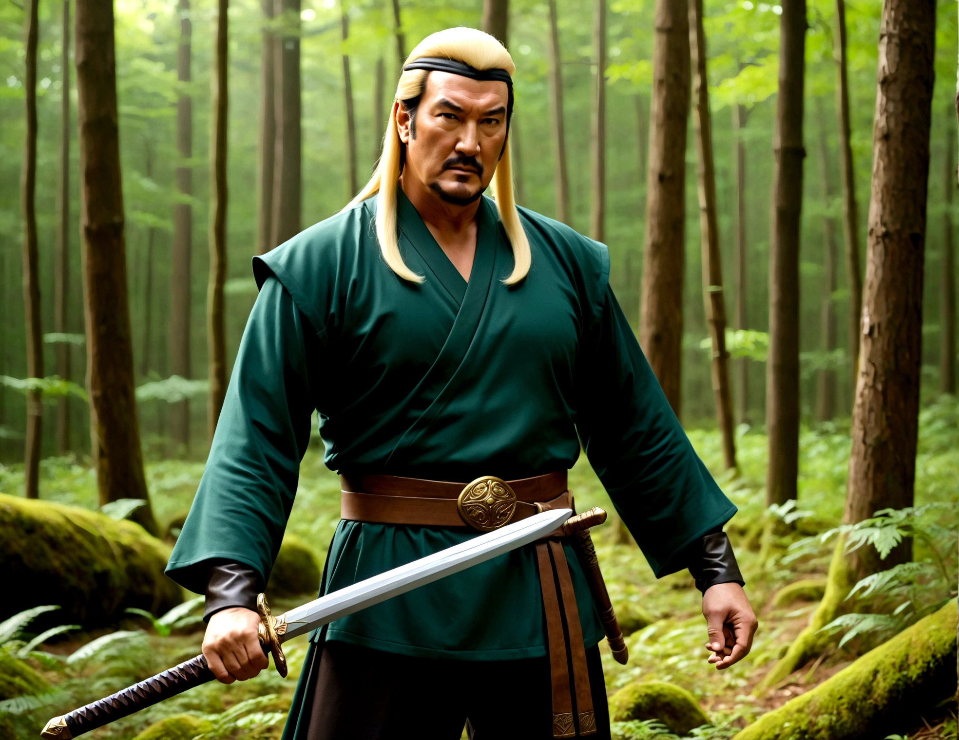 Steven Seagal (current, modern) in the role of Link (Link costume, blonde wig over black hair, wooden sword at side), akido pose, forest