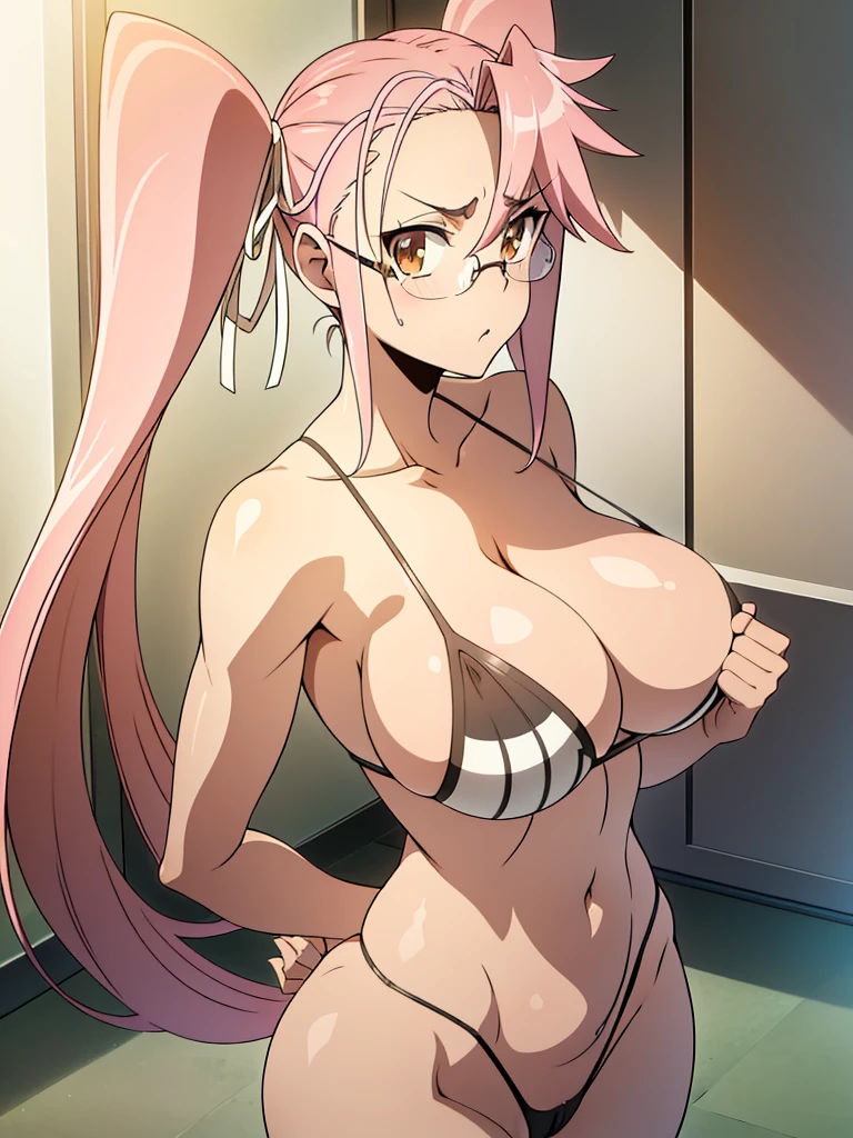 (Nsfw),Hayatakagi, Hajime Takagi, Long hair, bow ribbon, (Twin-tailed:1.3), (Brown eyes:1.5), Hair Ribbon, Pink hair, (eye glasses:1.3),,(looking at the viewers:1.3),BREAK (masutepiece:1.2), Best Quality, High resolution, Unity 8k Wallpaper, (Illustration:0.8), (Beautiful detailed eyes:1.6), extra detailed face, Perfect Lighting, extremely details CG, (Perfect hands, Perfect Anatomy),(the beach:1.3),Naughty big、thighs thighs thighs thighs、solo, very big breast, detailed nipples, deep cameltoe, barely spread legs, caderas anchas, g string, stripes translucent stockings, perfect round detailed and realistic nipples, detailed vagina, daylight illuminated, masturbating, pink super ultra small lingerie that barely covers her skin