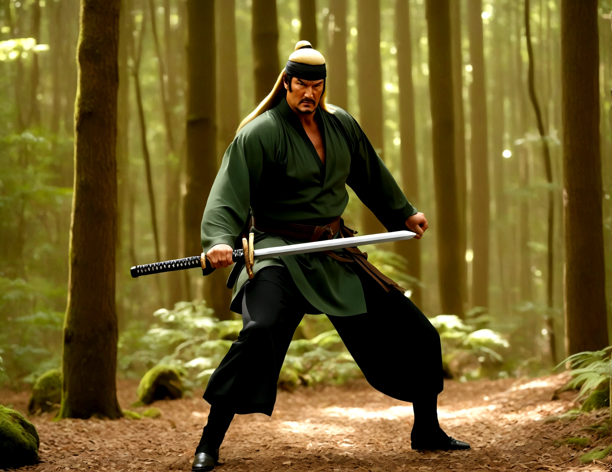 Steven Seagal (current, modern) in the role of Link (Link costume, blonde wig over black hair, wooden sword at side), akido pose, forest