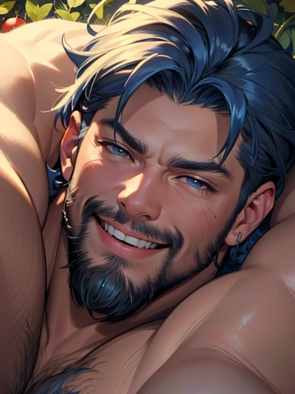 lying down, fruits background (Best Quality, 4k, 8k, high resolution, Masterpiece: 1.2), ultra detailed, Male portrait, medium closeup, very detailed face, detailed facial features, muscular build, spectacular lighting, close-up, from above, anatomically correct, super detail, full blue beard and short blue hair, smile, winking an eye, hairy chest.