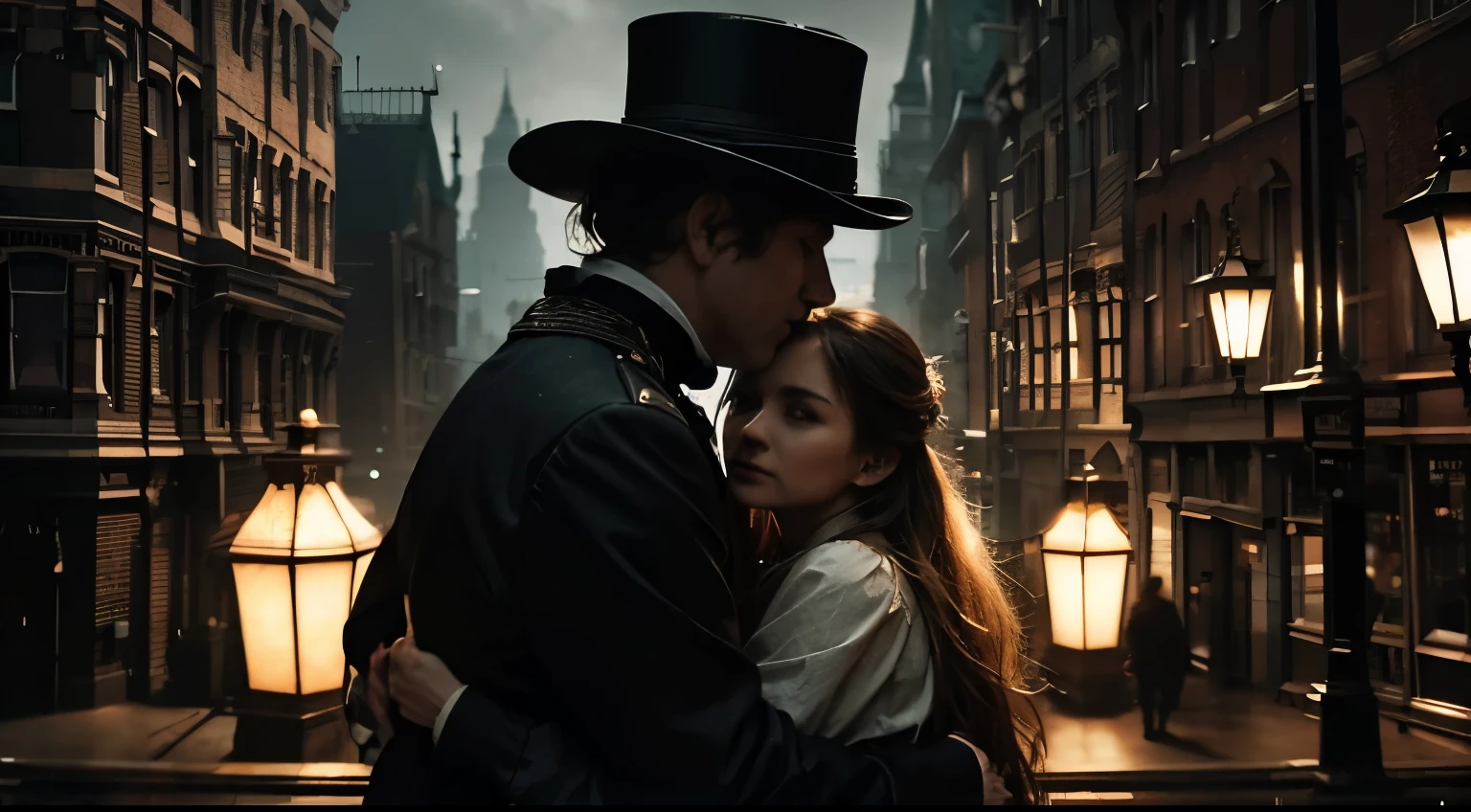 (located dramatically on victorian era in london, year 1840) slum night at downtown street alley with dramatic pole lamp light source) victorian building & street accurate with element detail with rustic realistic background, evening moody scene after rain, shade, shadow, cinematic, detail environtment scenery, 2 lovers are hugging, wearing wet victorian era clothes, shades backlight, desaturate mood & tone, ultra HD, taken with Fujifilm XF 56mm f/1.2 R Lens. long exposure, HDR10 8K