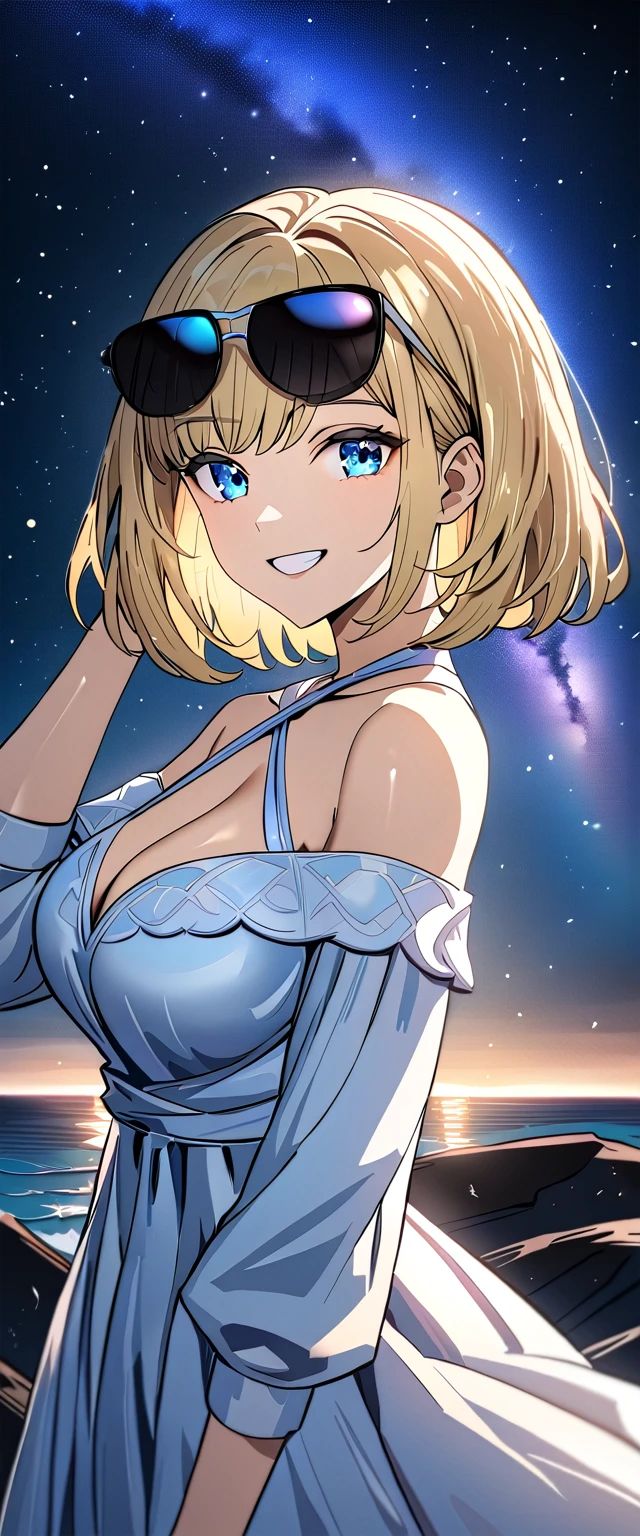 blonde, bright eyes, naked, 光沢のあるnipple、(masterpiece),(highest quality:1.0), (ultra high resolution:1.0), Detail view, 8K, anime, masterpiece, brown eyes、nipple、attractive woman　provocative look　Blushing wavy hair　very big breasts　Fair skin　Very detailed breasts　Very detailed eyes　her cheeks are flushed　show your chest　press your chest together　I&#39;m shy　photo from the waist up　,large breasts,saliva seductive smile,ahegao, blush, sweat, open mouth, rolling eyes, tears, tongue out,1girl,bishojo,　beautiful starry sky、grassland、
