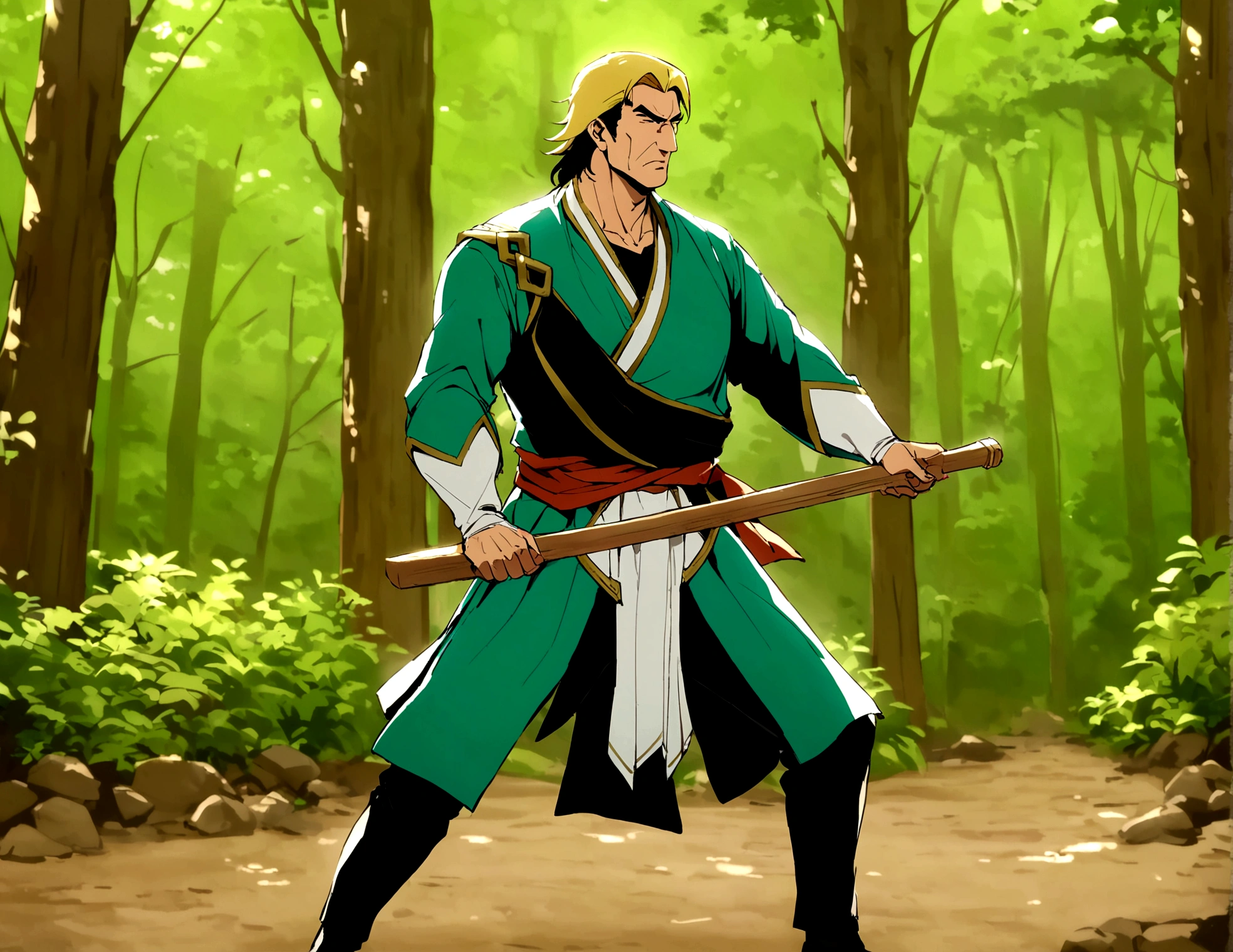 Steven Seagal (current, modern) in the role of Link (Link costume, blonde wig over black hair, wooden sword at side), akido pose, forest