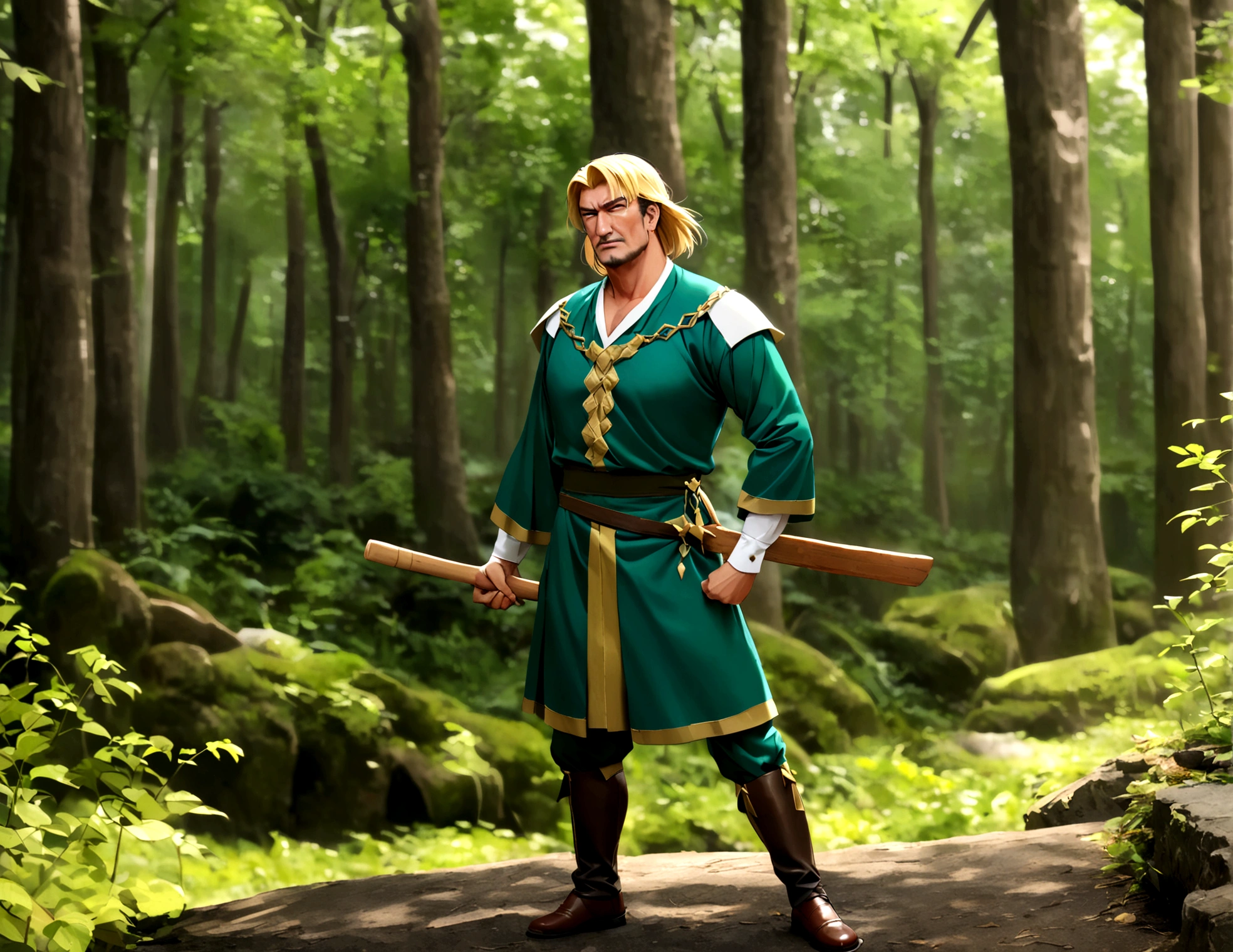 Steven Seagal (current, modern) in the role of Link (Link costume, blonde wig over black hair, wooden sword at side), akido pose, forest
