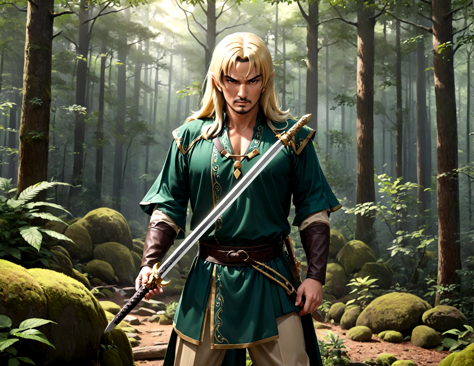 Steven Seagal (current, modern) in the role of Link (Link costume, blonde wig over black hair, wooden sword at side), akido pose, forest
