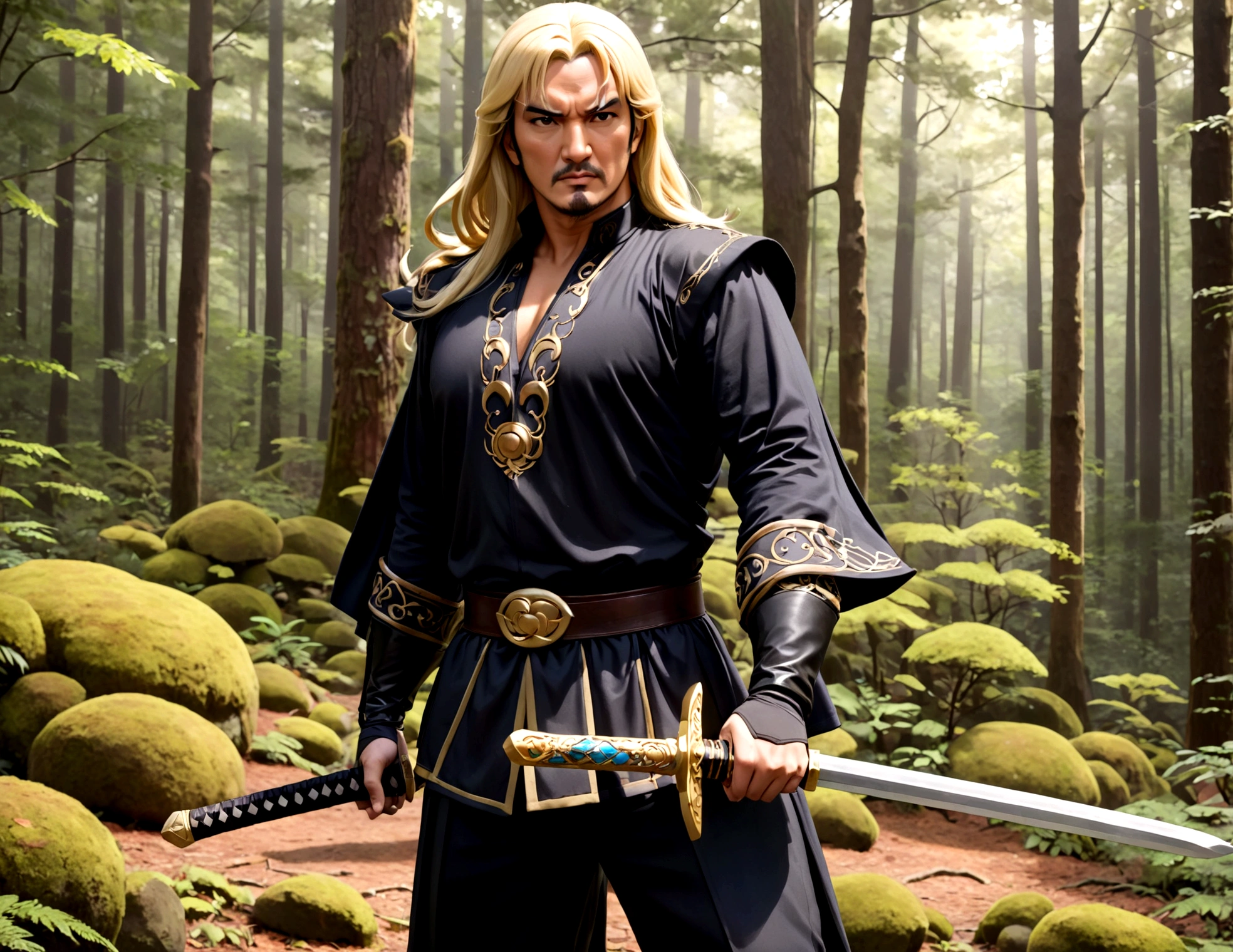 Steven Seagal (current, modern) in the role of Link (Link costume, blonde wig over black hair, wooden sword at side), akido pose, forest