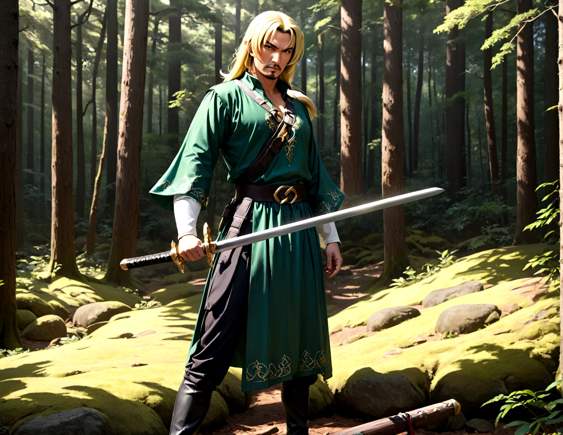 Steven Seagal (current, modern) in the role of Link (Link costume, blonde wig over black hair, wooden sword at side), akido pose, forest
