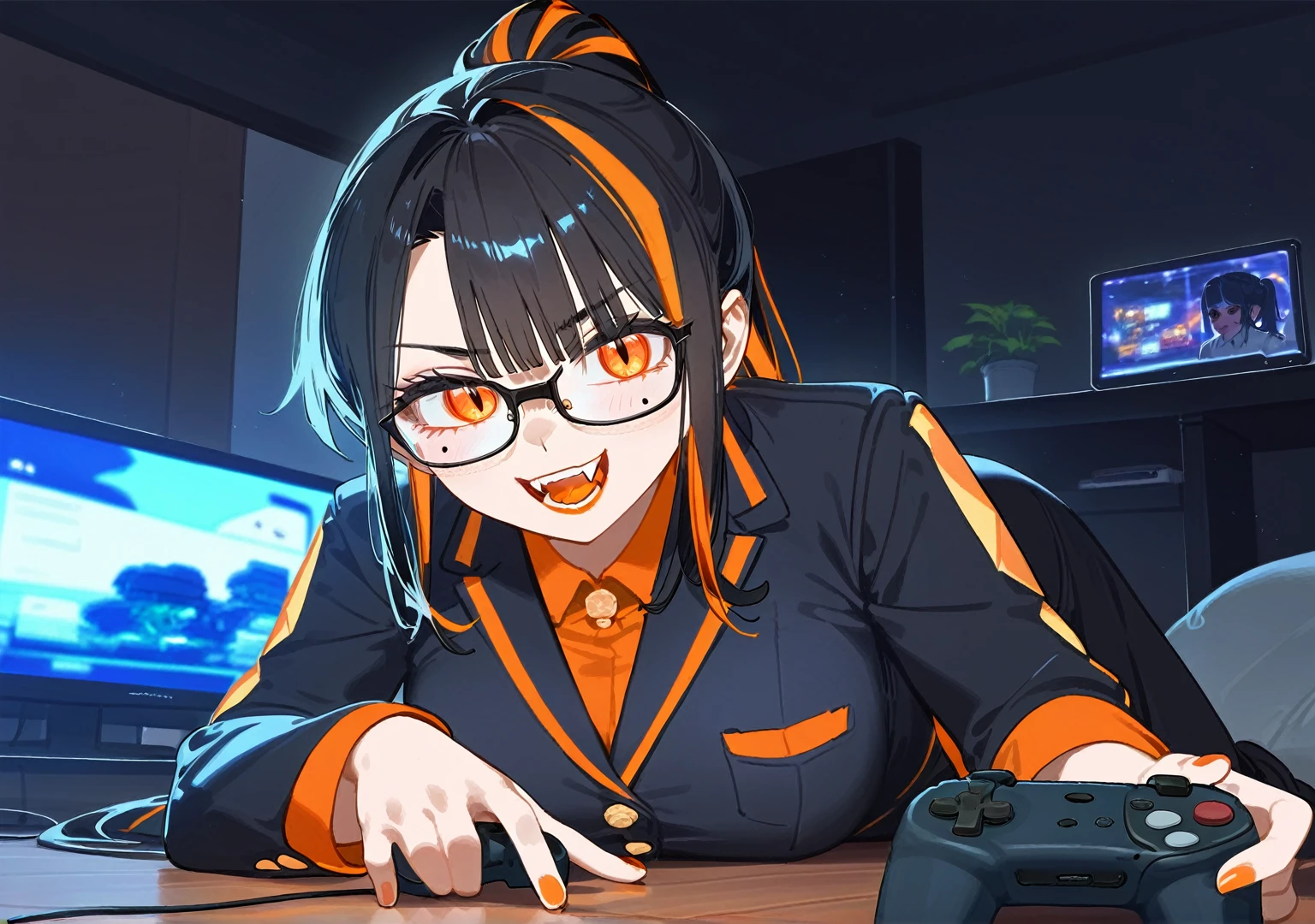 masterpiece, best quality, score_9,1older woman,orange lipstick,secretary outfit,siren glasses,mole,ponytail,orange and black hair,black hair,orange streaks,fangs,night,black bed,1woman,high quality,detailed,sitting on floor, looking at screen,holding game controller,holding game controller with both hands,dim room,