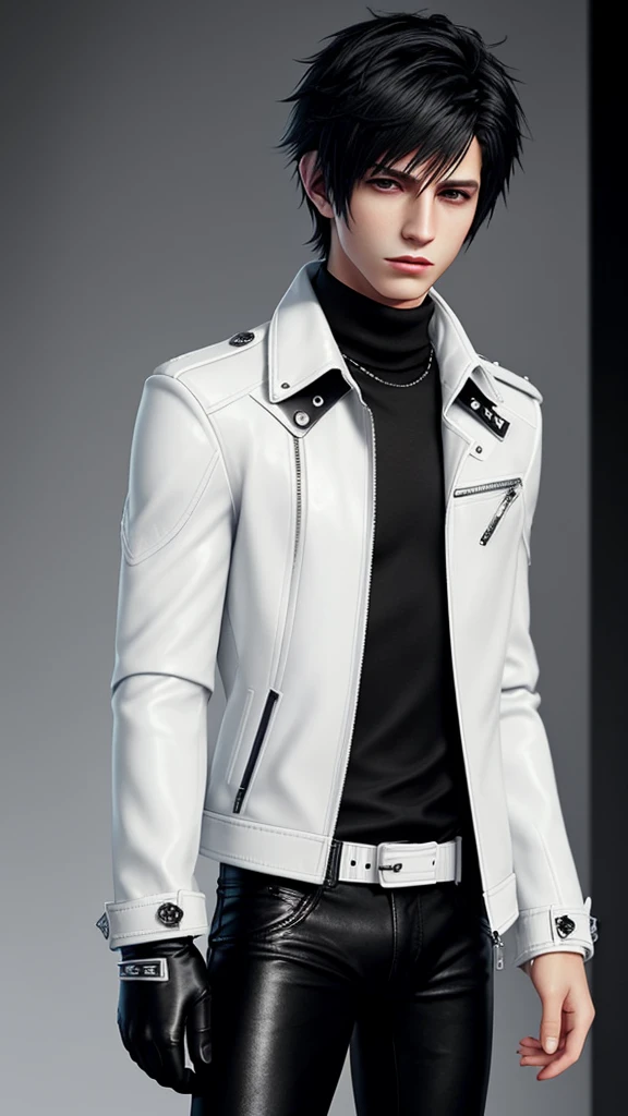 Final fantasy taste and reality graphics, Japanese young cute and cool ikemen boy, his age is early 20s, thin eyebrows and beady eyes, he wearing off white color leather thick material jacket, jacket is singlebrest, biker style jacket, with epaulet, jacket is long sleeve, must close the front of the leather jacket, , jacket is voluminous, ,must jacket is high length and stand-up collar with two belts, jacket must zip up leather jacket, jacket is a little black color line pattern,close the front of the jacket, also wearing black thick material turtleneck lackluster shirts, tight black leather pants, shiny black leather tight and thin glove, black leather knee-high raceup boots,must views head-to-toe,must views whole body, boy looks like fashion model,Do not show skin from the neck down,leather jacket leather glove and leather pants have few wrinkles,boy in the room,Avoid showing your innerwear