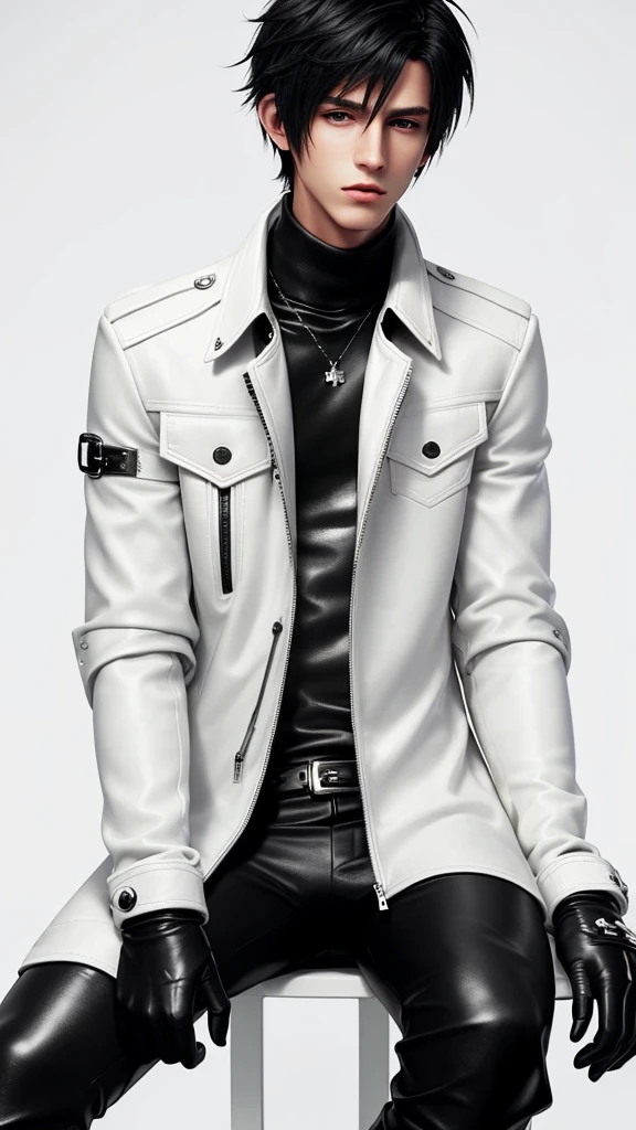 Final fantasy taste and reality graphics, Japanese young cute and cool ikemen boy, his age is early 20s, thin eyebrows and beady eyes, he wearing off white color leather thick material jacket, jacket is singlebrest, biker style jacket, with epaulet, jacket is long sleeve, must close the front of the leather jacket, , jacket is voluminous, ,must jacket is high length and stand-up collar with two belts, jacket must zip up leather jacket, jacket is a little black color line pattern,close the front of the jacket, also wearing black thick material turtleneck lackluster shirts, tight black leather pants, shiny black leather tight and thin glove, black leather knee-high raceup boots,must views head-to-toe,must views whole body, boy looks like fashion model,Do not show skin from the neck down,leather jacket leather glove and leather pants have few wrinkles,boy in the room,Avoid showing your innerwear