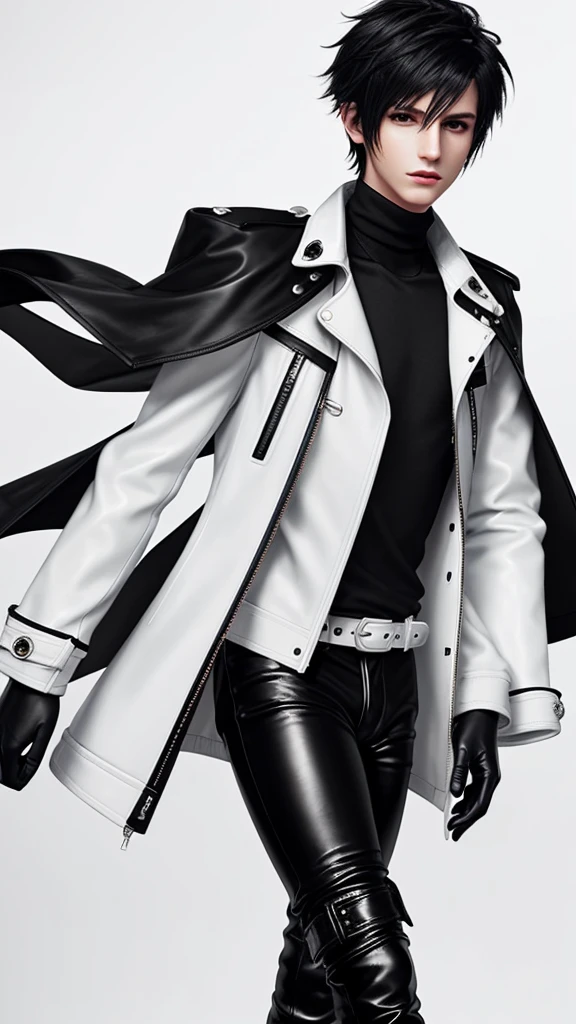 Final fantasy taste and reality graphics, Japanese young cute and cool ikemen boy, his age is early 20s, thin eyebrows and beady eyes, he wearing off white color leather thick material jacket, jacket is singlebrest, biker style jacket, with epaulet, jacket is long sleeve, must close the front of the leather jacket, , jacket is voluminous, ,must jacket is high length and stand-up collar with two belts, jacket must zip up leather jacket, jacket is a little black color line pattern,close the front of the jacket, also wearing black thick material turtleneck lackluster shirts, tight black leather pants, shiny black leather tight and thin glove, black leather knee-high raceup boots,must views head-to-toe,must views whole body, boy looks like fashion model,Do not show skin from the neck down,leather jacket leather glove and leather pants have few wrinkles,boy in the room,Avoid showing your innerwear