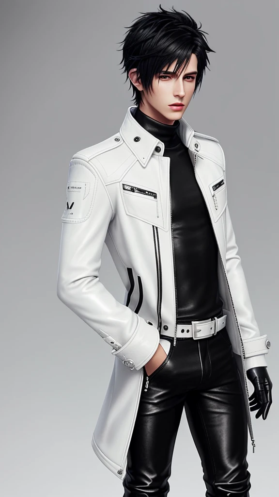 Final fantasy taste and reality graphics, Japanese young cute and cool ikemen boy, his age is early 20s, thin eyebrows and beady eyes, ((he wearing off white color leather thick material jacket)), ((jacket is singlebrest)), biker style jacket, with epaulet, jacket is long sleeve, ((must close the front of the leather jacket)), , ((voluminous leather jacket)), ,((must jacket is high length and stand-up collar with two belts)), ((jacket is a little black color line pattern)),((close the front of the jacket)), also wearing black thick material turtleneck lackluster shirts, tight black leather pants, ((black leather tight and thin glove)), ((black leather knee-high raceup boots)),((must views head-to-toe)),((must views whole body)), boy looks like fashion model,Do not show skin from the neck down,leather jacket leather glove and leather pants have few wrinkles,boy in the prison room, Avoid showing your innerwear,zip up jacket fastner.
Boy touching owns private parts with right hand.
Bous face is expression of ecstasy.
Boy is black hair.