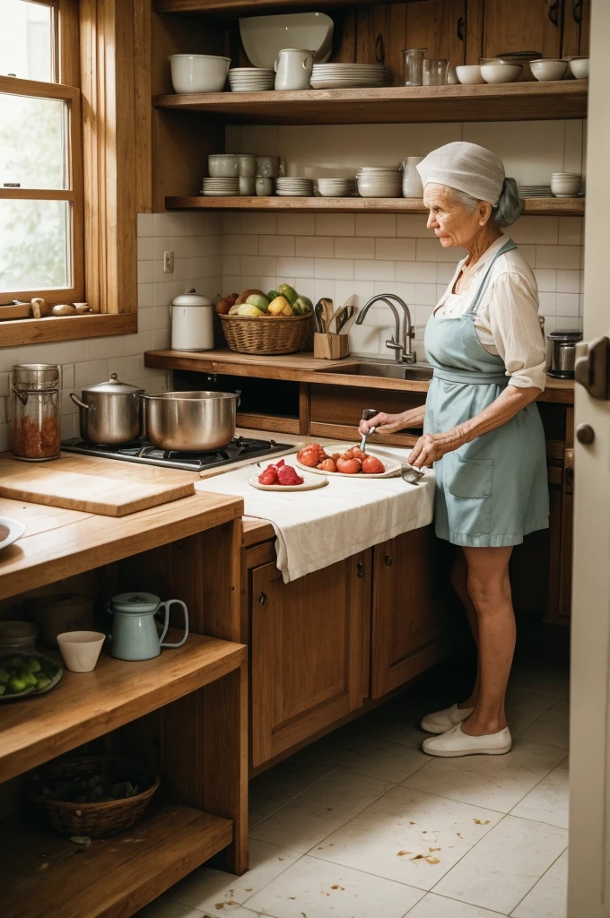 An old kitchen from the 70s, with an elderly grandmother woman preparing a traditional recipe. Fresh ingredients scattered across the counter and an open handwritten recipe book.
