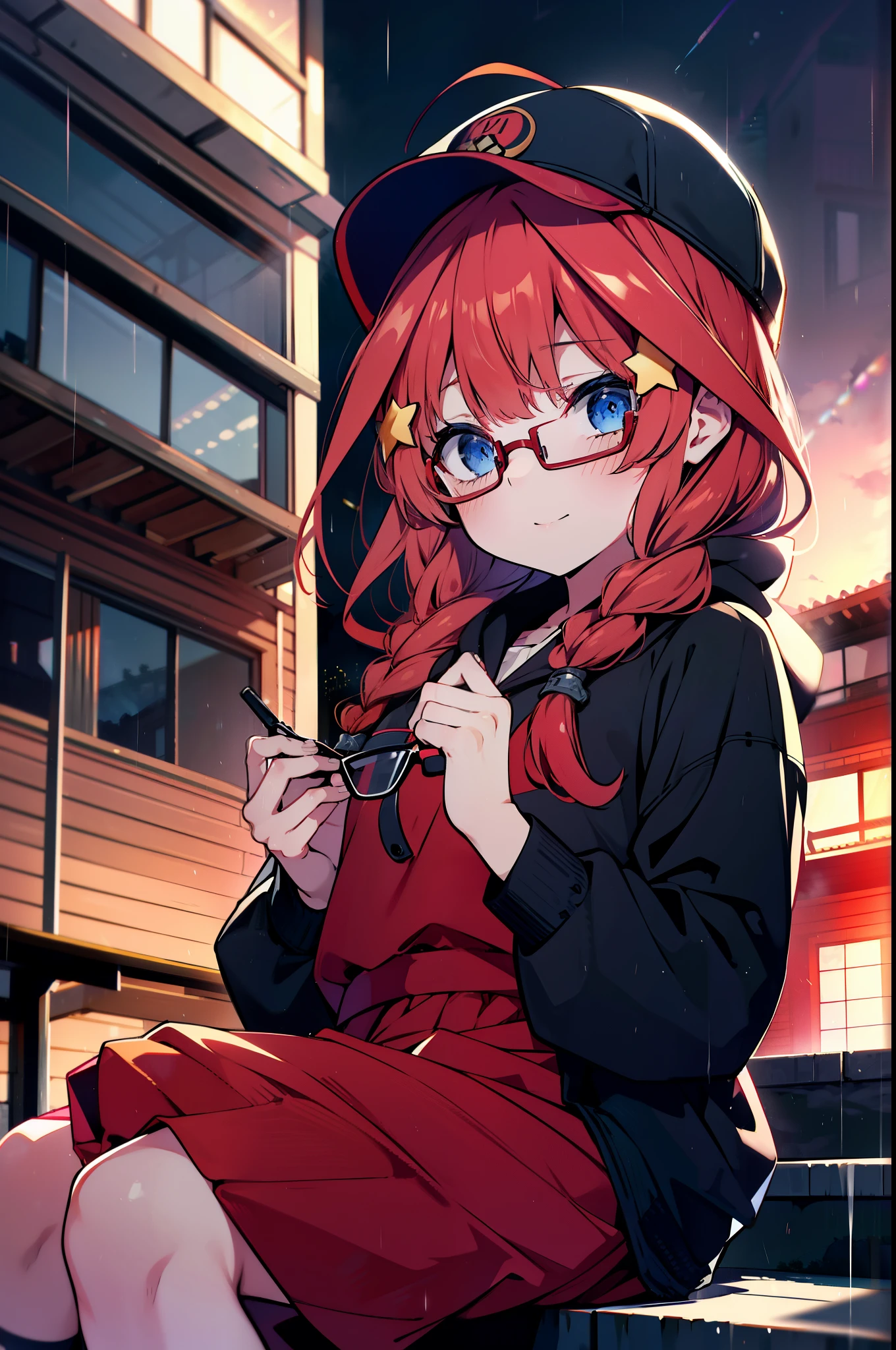 itsukinakano, itsuki nakano, bangs, blue eyes, Hair between the eyes, Ahoge, Redhead, star \(symbol\), hair ornaments, star hair ornaments,smile,blush,Long braids,Baseball hats,Red-rimmed glasses,Oversized red hoodie and long skirt,Black pantyhose,short boots,Hiding in a roofed building,Sitting on the steps of a roofed building,rain,night,whole bodyがイラストに入るように,
break outdoors, Alley,
break looking at viewer, whole body,
break (masterpiece:1.2), Highest quality, High resolution, unity 8k wallpaper, (figure:0.8), (Beautiful attention to detail:1.6), Highly detailed face, Perfect lighting, Highly detailed CG, (Perfect hands, Perfect Anatomy),