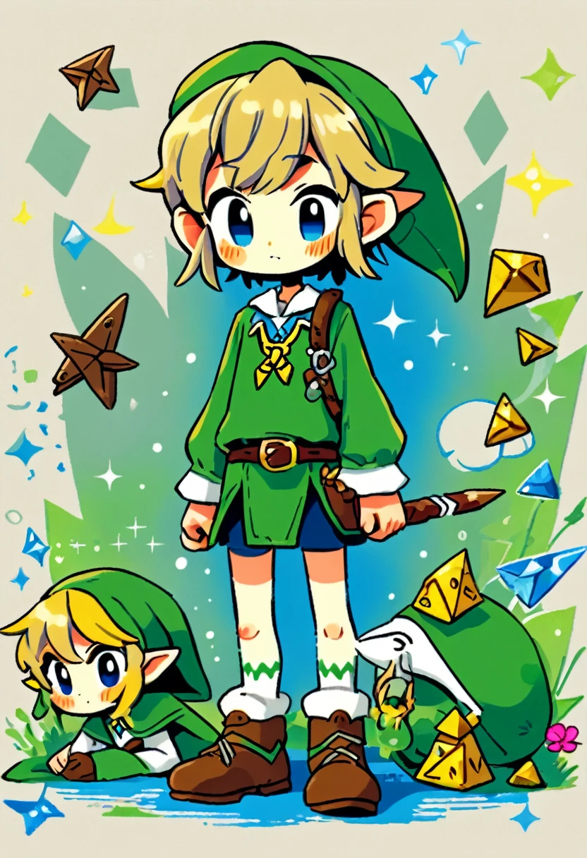 Elf Boy、A beautifully detailed rendering of Link from The Legend of Zelda: Ocarina of Time、Dynamic pose、Digital Art、Dramatic lighting、Intricate details、elegant、cute doodle