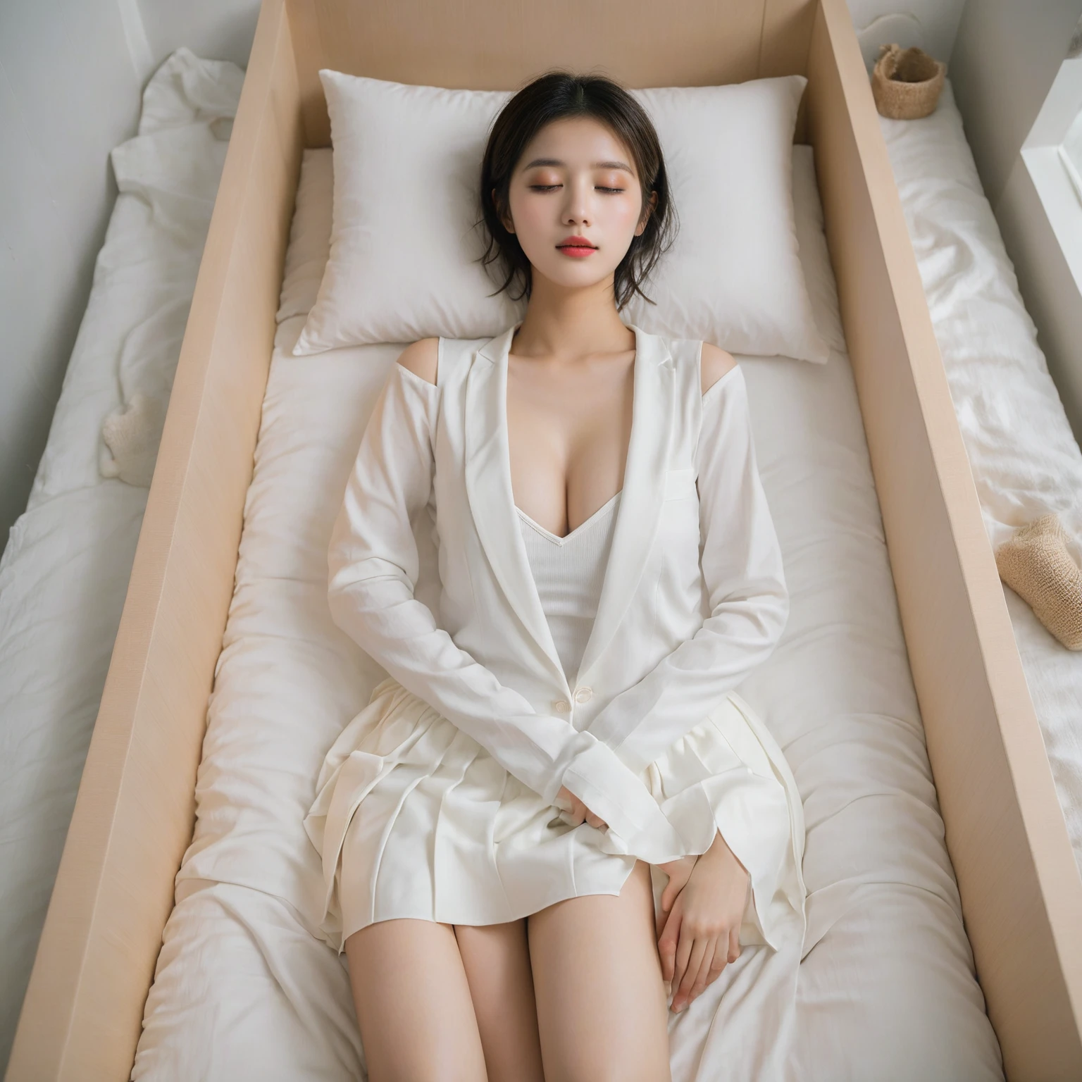 In a deep, white coffin with plush pillows (1.5 meters tall), a serene 22-year-old Korean girl sleeps peacefully. The box's interior is bathed in soft, diffused light against a striking black background. She wears a sleeveless blazer, no bra, white skirt, and has luscious eyebrows, eyelashes, and a flawless complexion. Her closed eyes and mouth convey tranquility. Render in Ultra High Resolution with Saturated colors, emphasizing the beautiful details of her face and the surrounding environment, round breast, medium breasts, straight body, (white skirt:1.5), (sleeveless:1.5).
