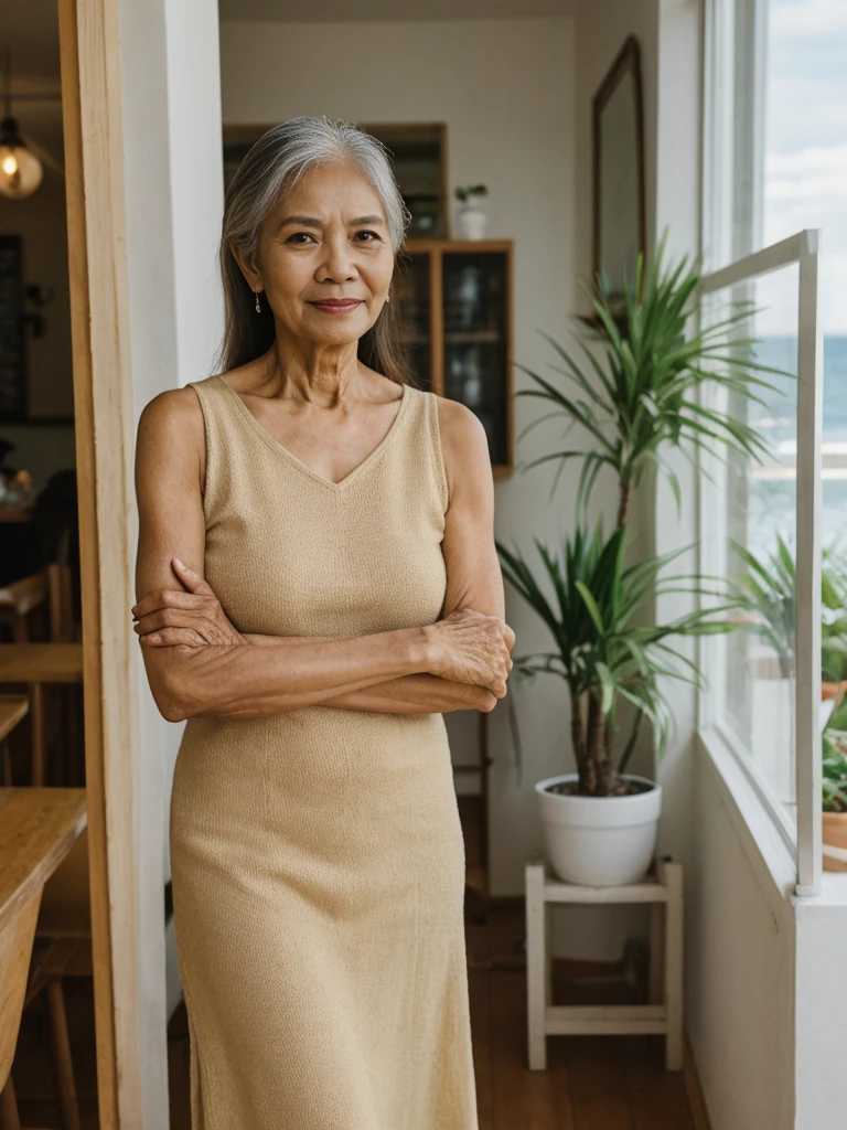 RAW PHOTO, her name is Dolores, high quality, 1 old woman, ((58-year-old slim filipina woman)), (((58 years old))), ((slim body)), ((wrinkled body)), (((old body))), (((long hair))), she is wearing a modest Generation X flowy casual wear, POSE: standing, BREAK, BACKGROUND: indoor, cafe by the beach, film grain, instagram photo