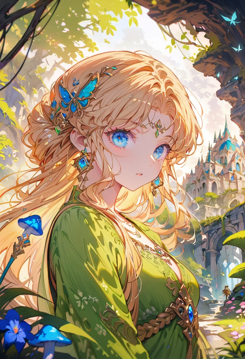A fantasy landscape, a girl with long golden hair, striking blue eyes, detailed facial features, Exquisite makeup,The cutest girl in the world,close_up,(The Legend of Zelda:1.2),wearing a green tunic, holding a sword, walking through a peaceful forest, sunlight filtering through the trees, magical glowing mushrooms, ancient ruins in the background, vibrant colors, cinematic lighting, intricate details, (best quality,4K,8K,highres,masterpiece:1.2),ultra-detailed,fantasy,adventure,concept art