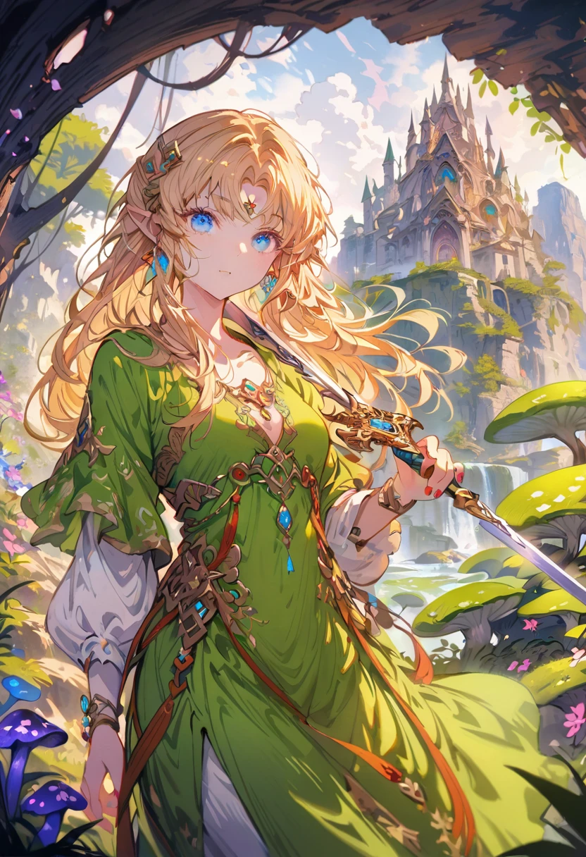 A fantasy landscape, a girl with long golden hair, striking blue eyes, detailed facial features, Exquisite makeup,The cutest girl in the world,close_up,(The Legend of Zelda:1.2),wearing a green tunic, holding a sword, walking through a peaceful forest, sunlight filtering through the trees, magical glowing mushrooms, ancient ruins in the background, vibrant colors, cinematic lighting, intricate details, (best quality,4K,8K,highres,masterpiece:1.2),ultra-detailed,fantasy,adventure,concept art