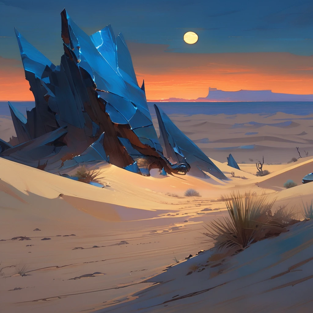 Old West, Desert, horizon, blue Night , from far, Oil paint,(only blue and black color palette), Giant glass shards in sand, spiky glass structures, massive giant worm crawling in the dunes, sand dunes, dune, worm, darkness, Scary, moon, Too dark, dimly lit, pitch, corpse, dark night, no light