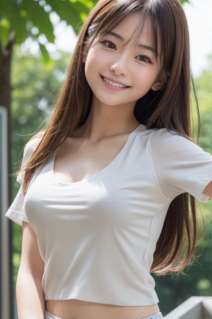 (8K, RAW Photos, Highest quality, masterpiece:1.2), Super detailed, Ultra-high resolution, (Realistic, Photorealistic:1.37), High-definition RAW color photos, Professional photos, Very delicate and beautiful, Very detailed, 8K壁紙, (Beautiful and detailed eyes)、(Beautifully detailed face),Anatomically correct body shape, Natural light,low angle,from below, woman、Japanese、20-year-old, Blonde、Long Hair、 (A shy smile:1.3), Fine and beautiful skin、Skin Texture、 (Slim waist:1.2)、(E cup bust,show armpit:1.21), (school uniform, short sleeve shirt:1.25),hands on hair,Standing,Sharp focus、The background is the real Shibuya city