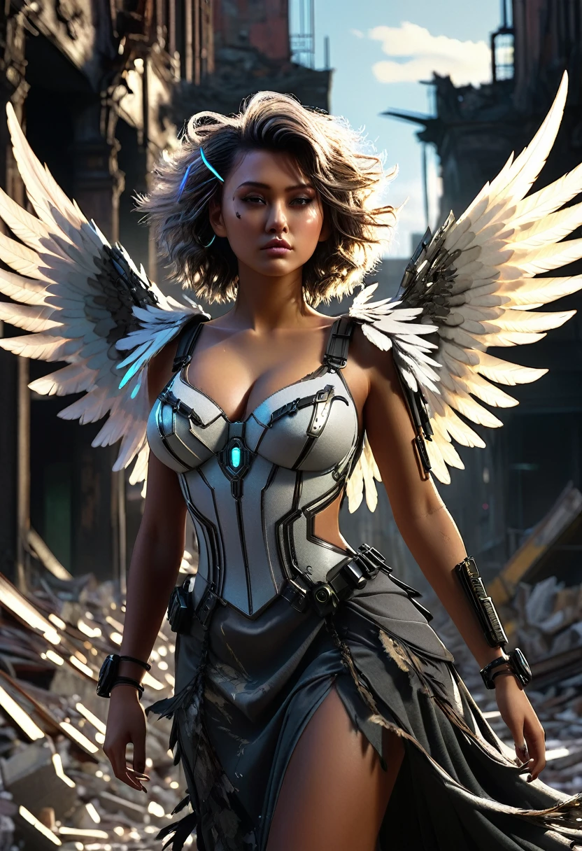 ruined city, beautiful busty cyberpunk angel woman, highly detailed, intricate, cinematic lighting, volumetric lighting, dramatic shadows, realistic skin, hyper detailed face, delicate facial features, elegant pose, flowing angelic dress, detailed feathered wings, gritty dystopian environment, debris and rubble, moody dark color palette, chiaroscuro lighting, photorealistic, 8K