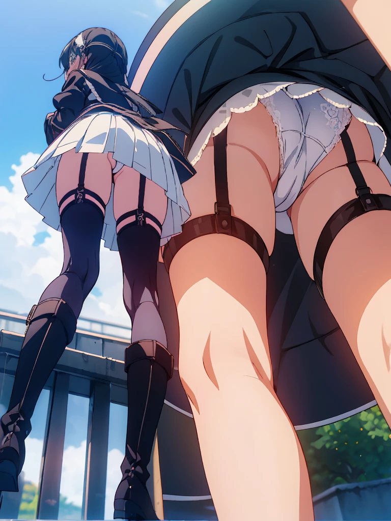((1 Girl))Happy,Outdoor、In front of the station、blush、From below、from the front((Multiple Views))Best image quality,High brightness,Lace panties,Garter Straps、garter belt、Panty stocking、mini skirt,Official Anime,SPY FAMILY,Yor Forger、hair band、Knee-high boots