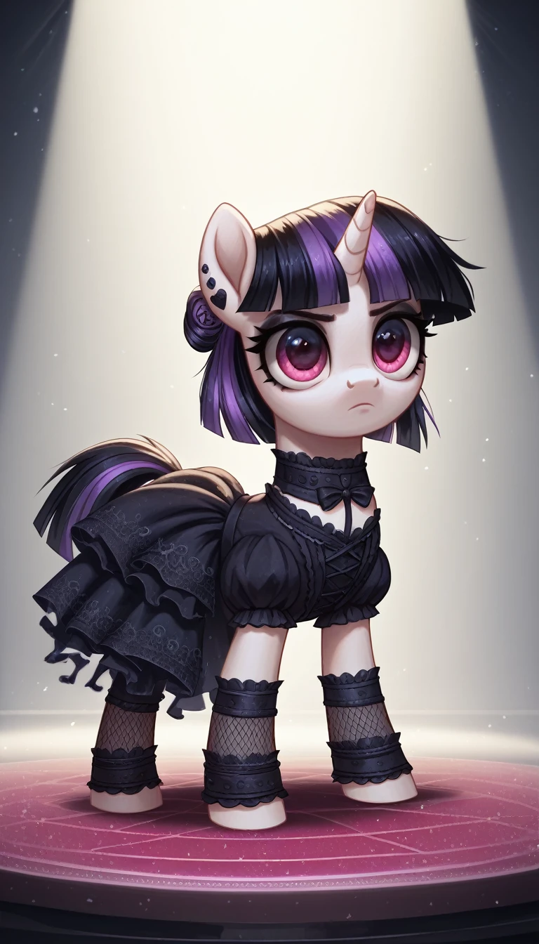 score_9,score_8_up,score_7_up,score_6_up, filly, unicorn, Gothic pony, ta goth fashion, glowing backlight, fashion show, catwalk scene, glitter, whimsical, enchanted, magical, fantasy art concept, intricate details,