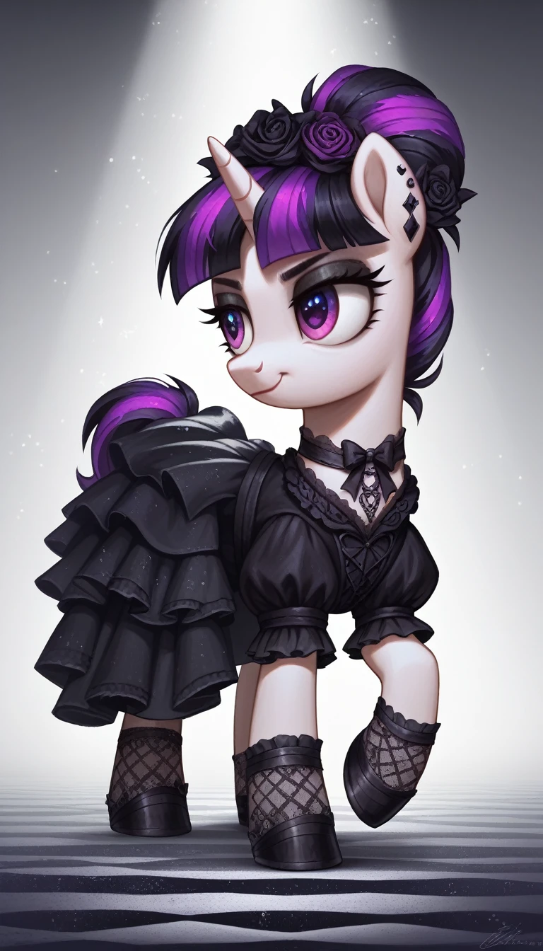 score_9,score_8_up,score_7_up,score_6_up, filly, unicorn, Gothic pony, ta goth fashion, glowing backlight, fashion show, catwalk scene, glitter, whimsical, enchanted, magical, fantasy art concept, intricate details,