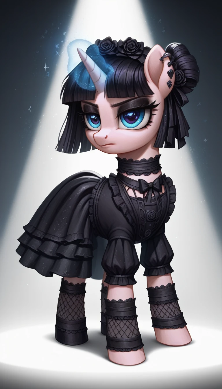 score_9,score_8_up,score_7_up,score_6_up, filly, unicorn, Gothic pony, lolita goth fashion, glowing backlight, fashion show, catwalk scene, glitter, whimsical, enchanted, magical, fantasy art concept, intricate details,